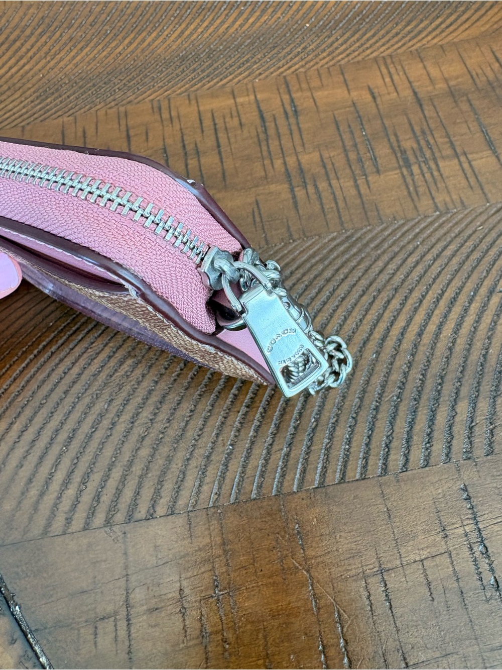 Coach Brown Signature Card Case with Pink Trim and Silver Chain - Picture 9 of 10